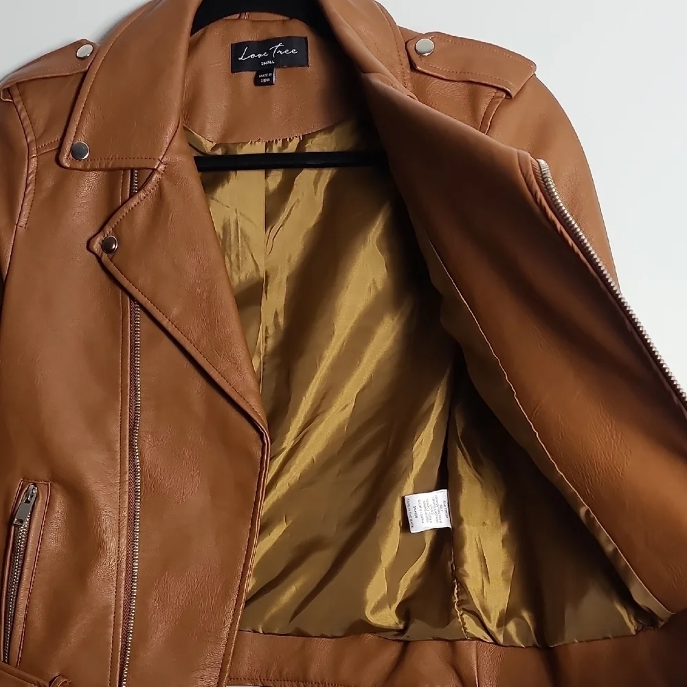 LOVE TREE Tan Vegan Leather Moto Jacket Brown Zip Up Size Small - Picture 9 of 16